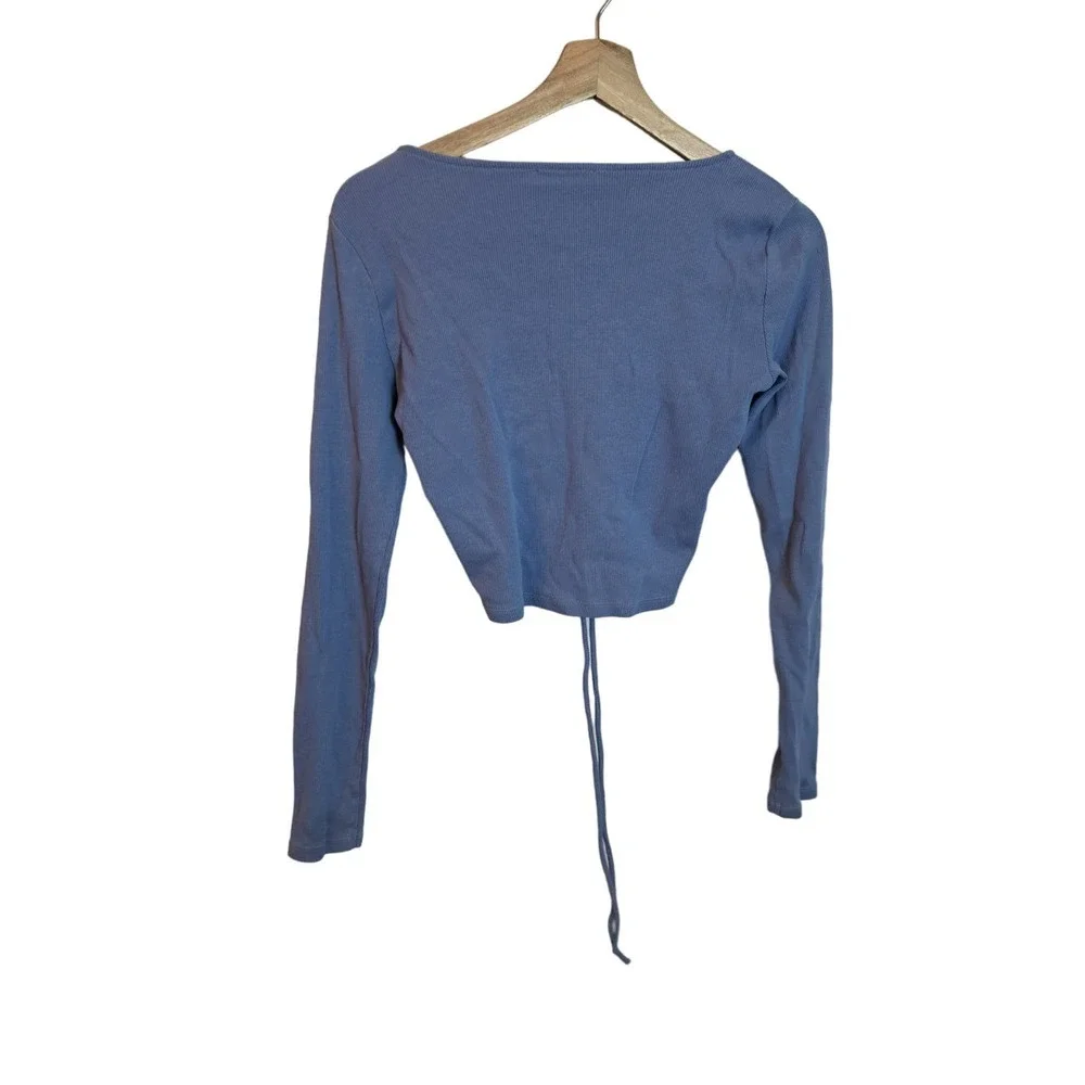 Zara Womens Top L Blue Ruched Tie Front Ribbed Crop Lounge Scoop Neck Lounge